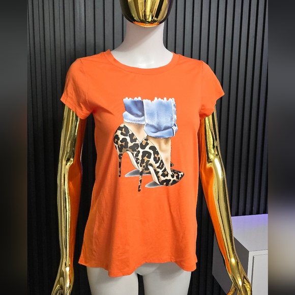 "Cupio Orange T-Shirt with Leopard Heels Graphic | Brand New" SZ S - Picture 1 of 4